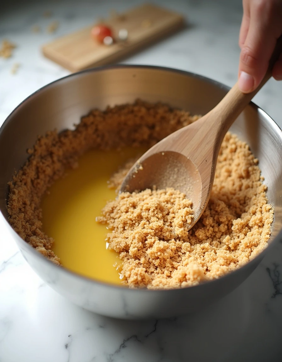 Preparing Ube Cheesecake Crust - Step-by-Step Mixing graham cracker crumbs and butter for Ube Cheesecake crust.