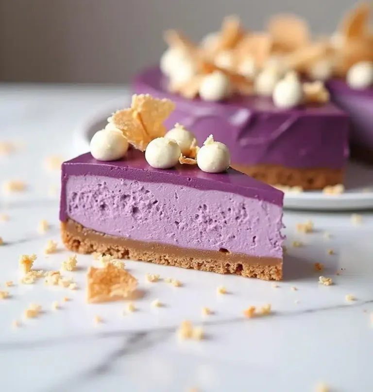 Fully decorated Ube Cheesecake with coconut flakes and white chocolate crispearls.