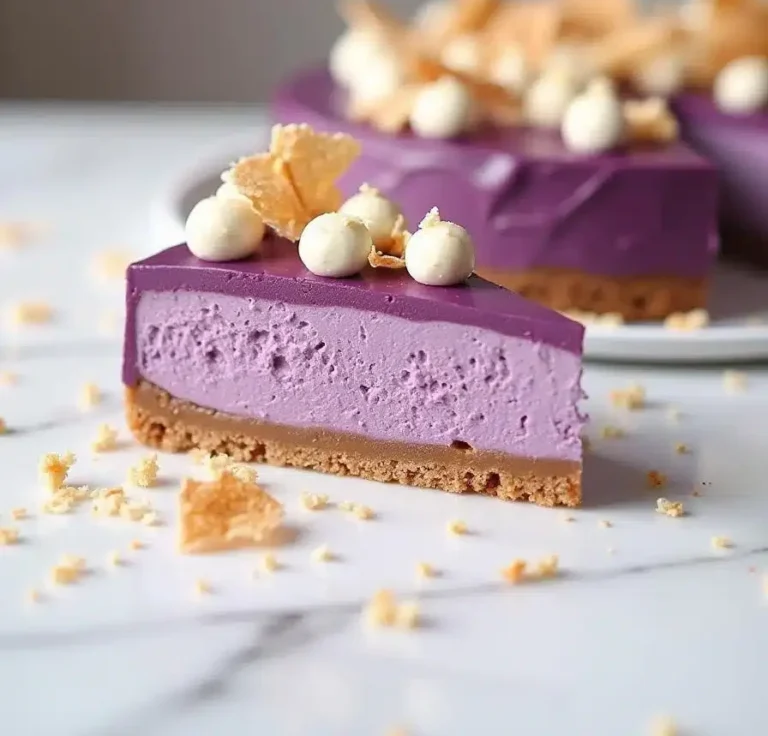 Fully decorated Ube Cheesecake with coconut flakes and white chocolate crispearls.