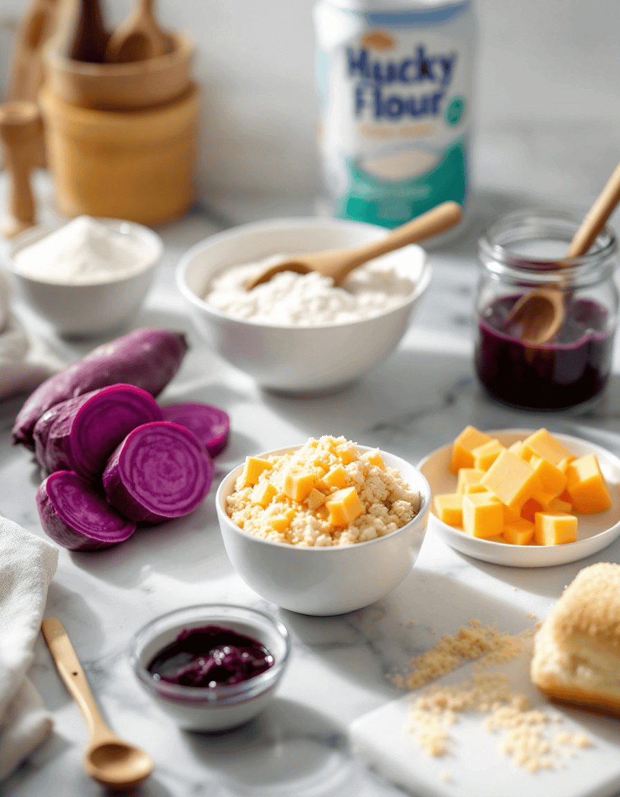 Fresh Ingredients purple yam (ube) sliced on a white marble counter.