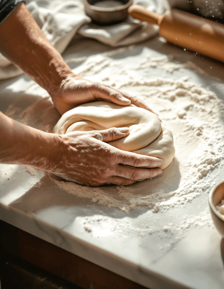 Kneading dough on a floured surface.