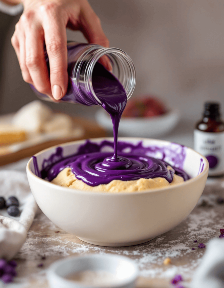 Adding ube extract to the dough.