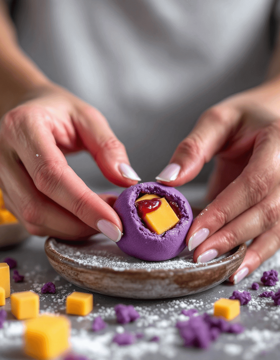 Shaping dough balls stuffed with ube jam and cheese.