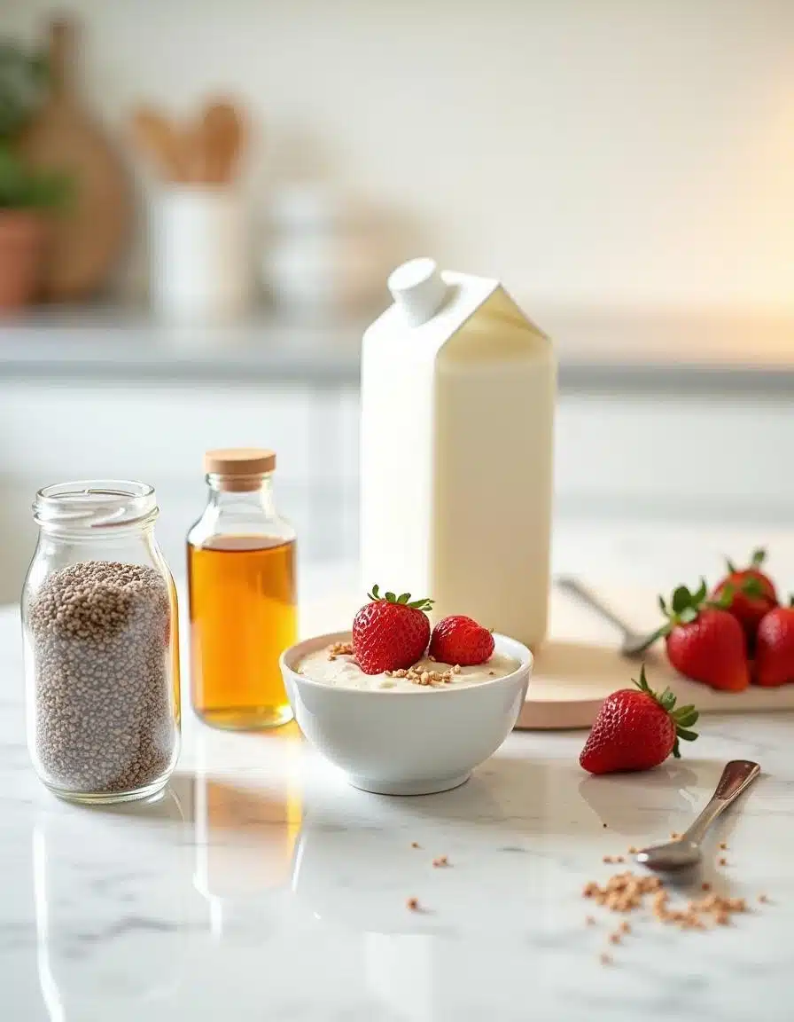 Healthy chia pudding ingredients: chia seeds, almond milk, honey, and fresh strawberries on a modern kitchen counter.