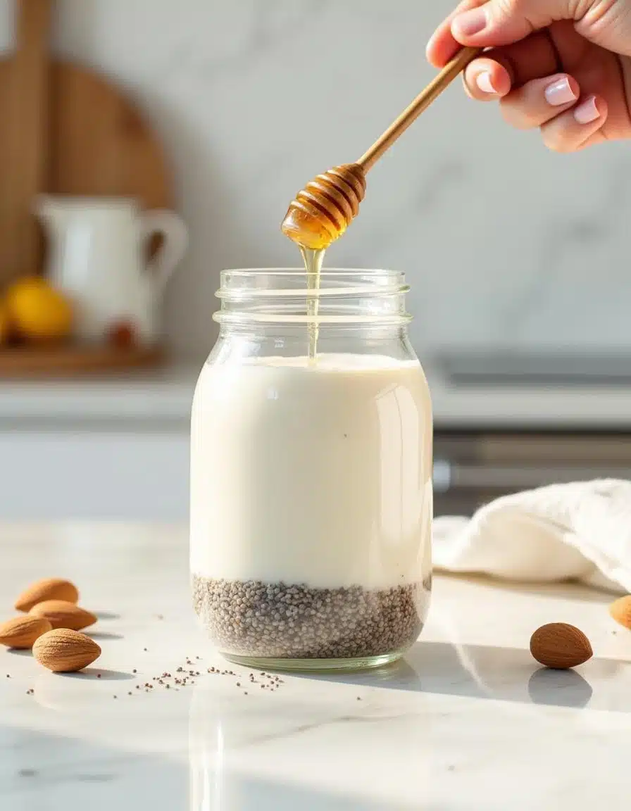 Mixing chia seeds, almond milk, and honey in a glass jar for chia pudding.