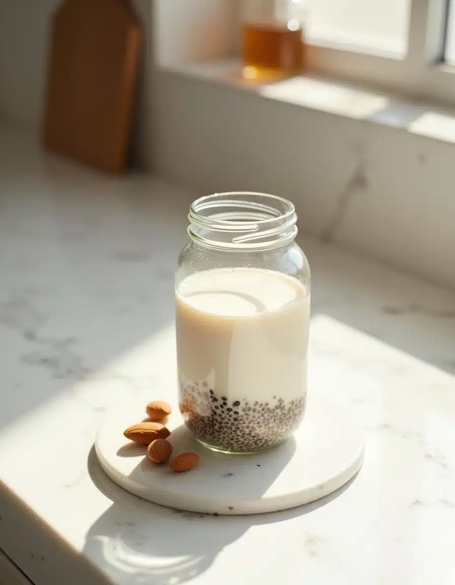 Chia pudding mixture resting in a glass jar to absorb liquid