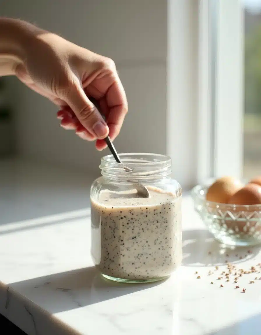 Stirring chia pudding mixture in a glass jar to prevent clumps.