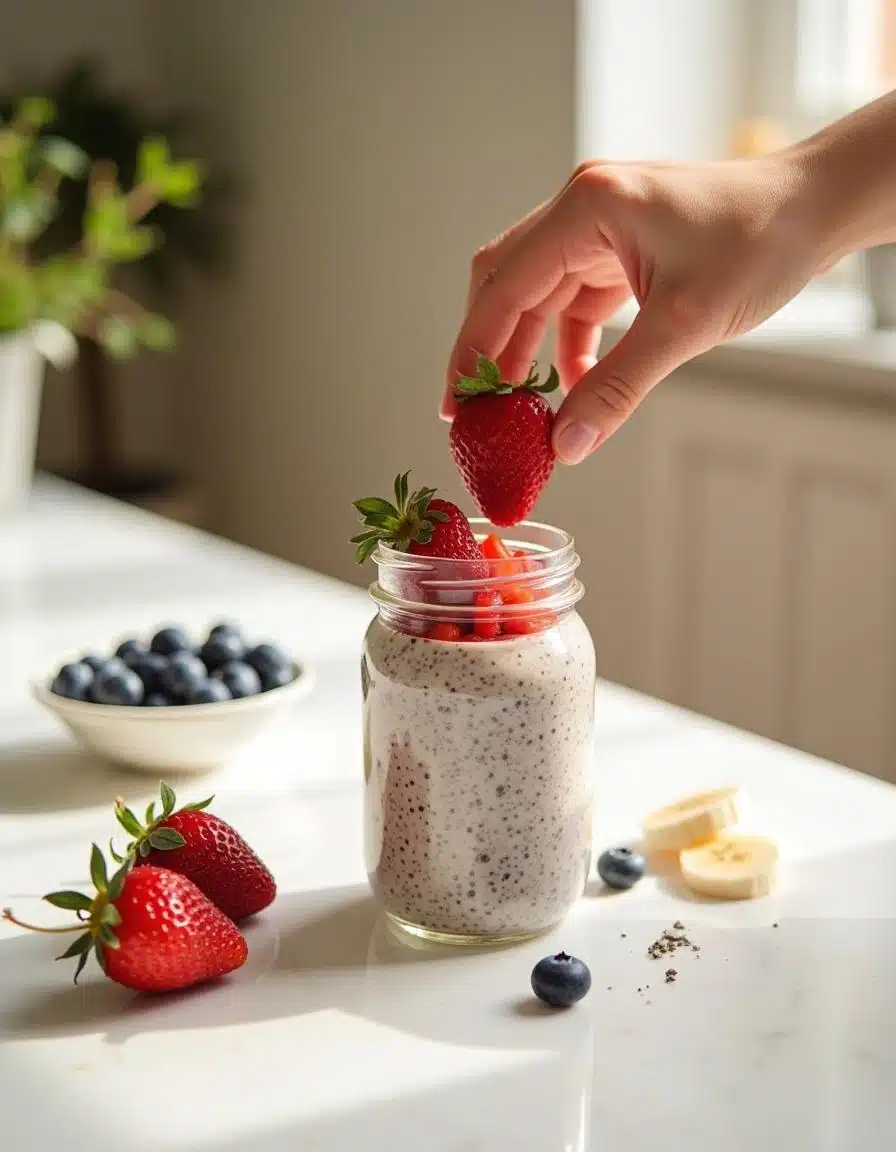 Topping chia pudding with fresh strawberries in a glass jar.