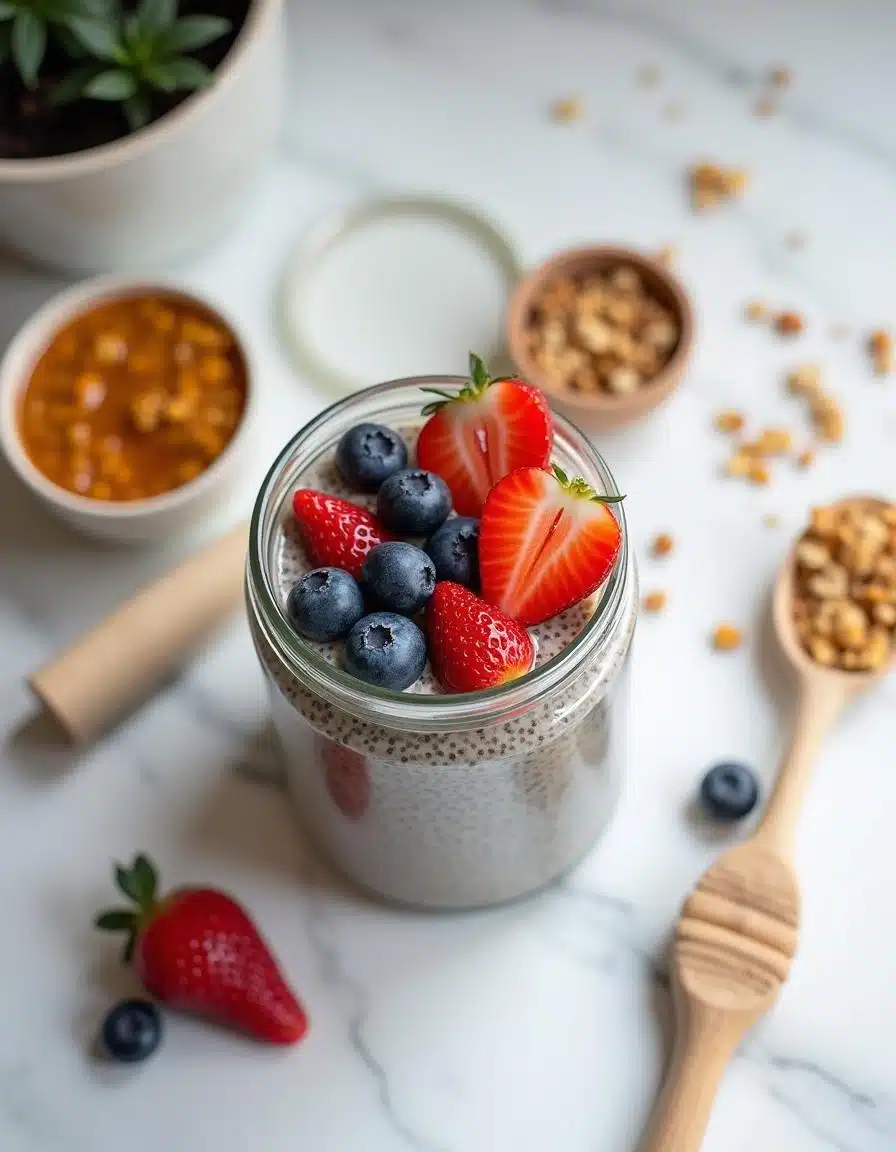 Beautifully presented chia pudding with fresh fruit toppings in a glass jar