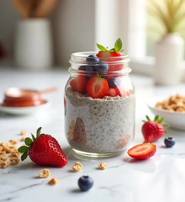 Final chia pudding with fresh fruit toppings in a glass jar.