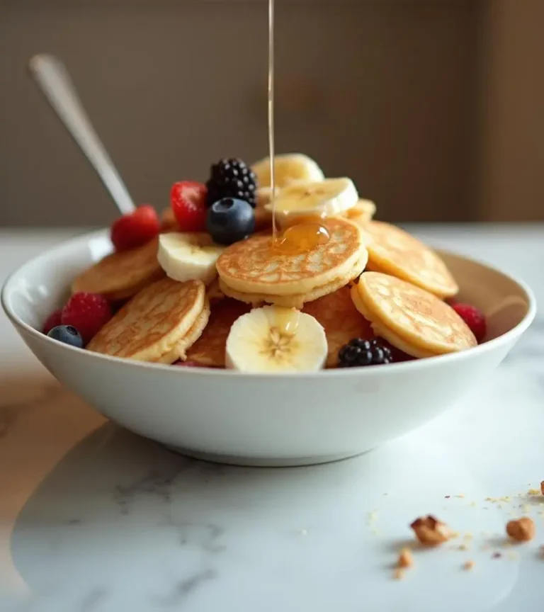 A bowl of Pancake Cereal with toppings on a marble countertop.