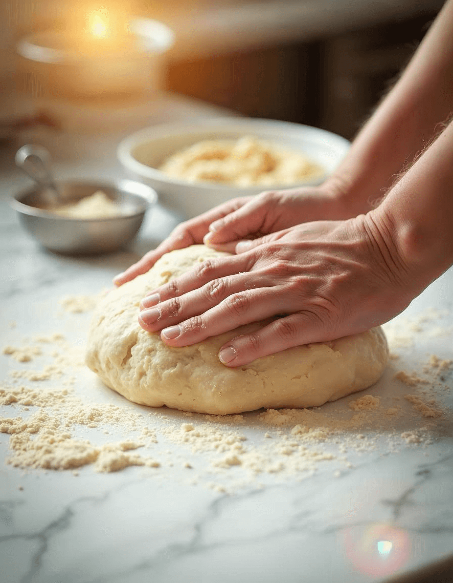 Hands kneading babka dough on a floured marble surface.