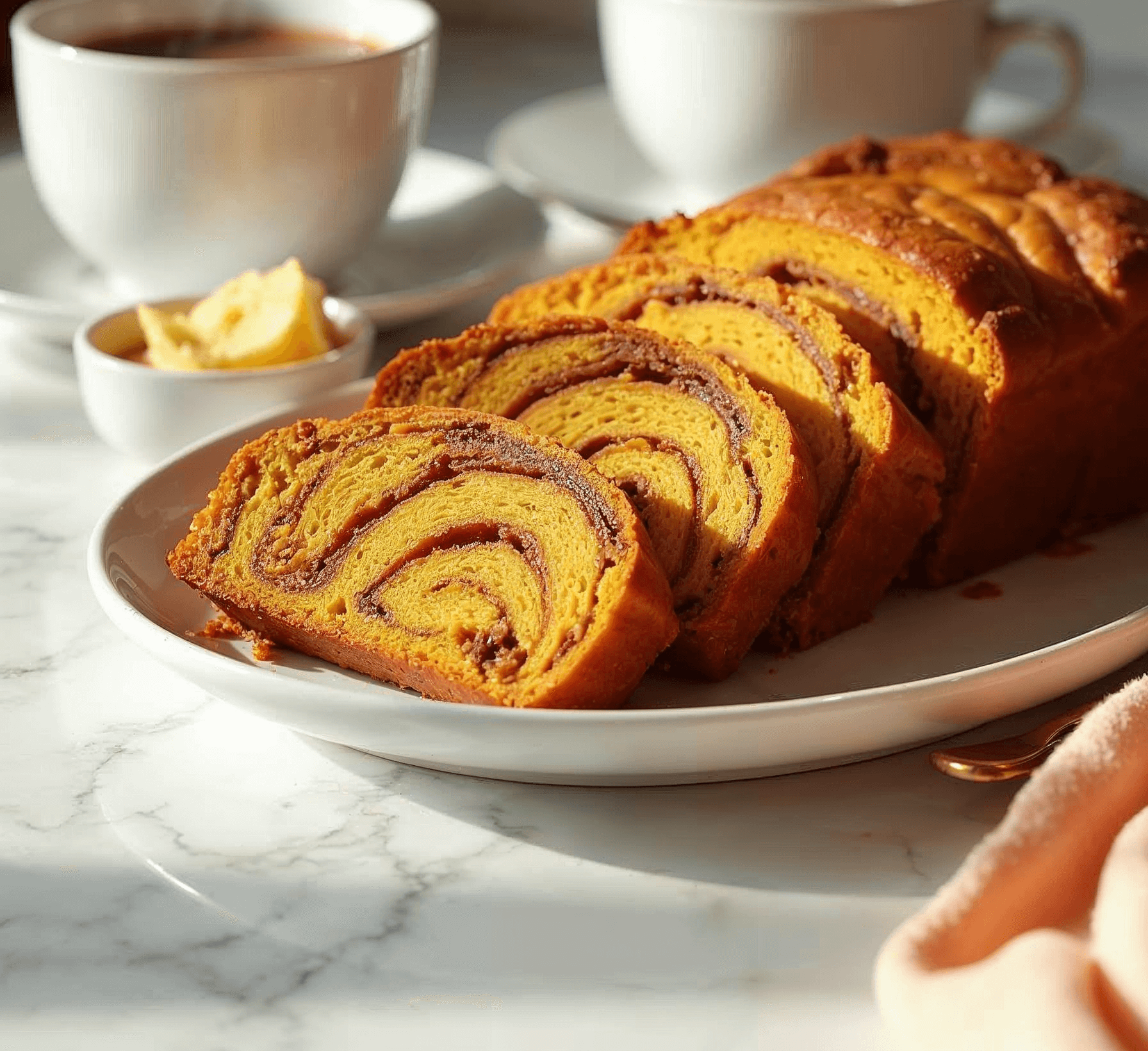 Sliced pumpkin spice babka loaf served with coffee on a marble counter.