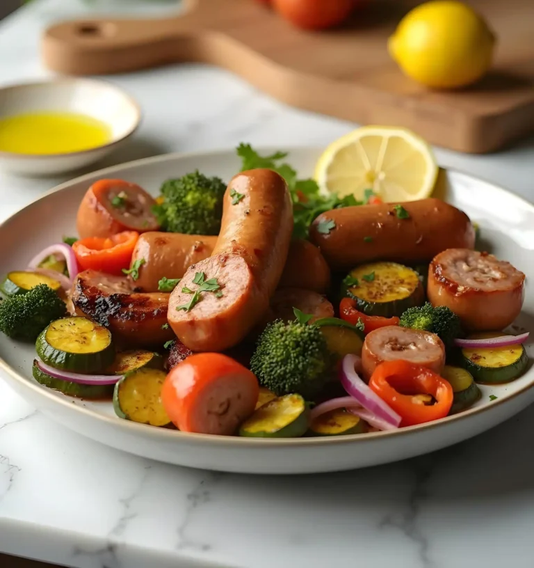 Final plated dish of Sheet Pan Sausage and Veggies.