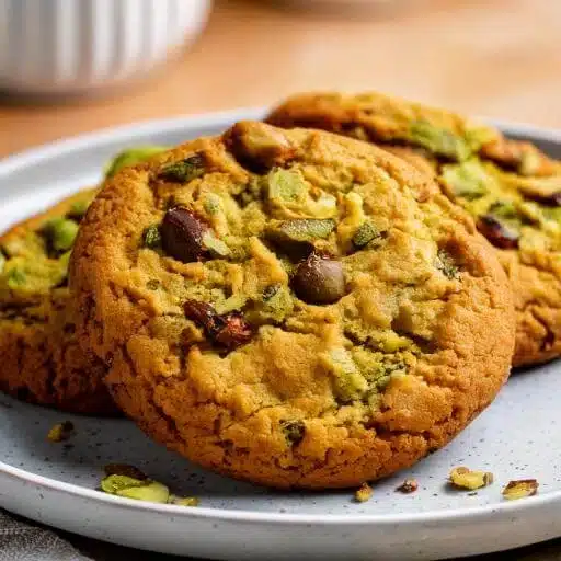 Close-up of a pistachio chocolate chip cookie highlighting its texture.