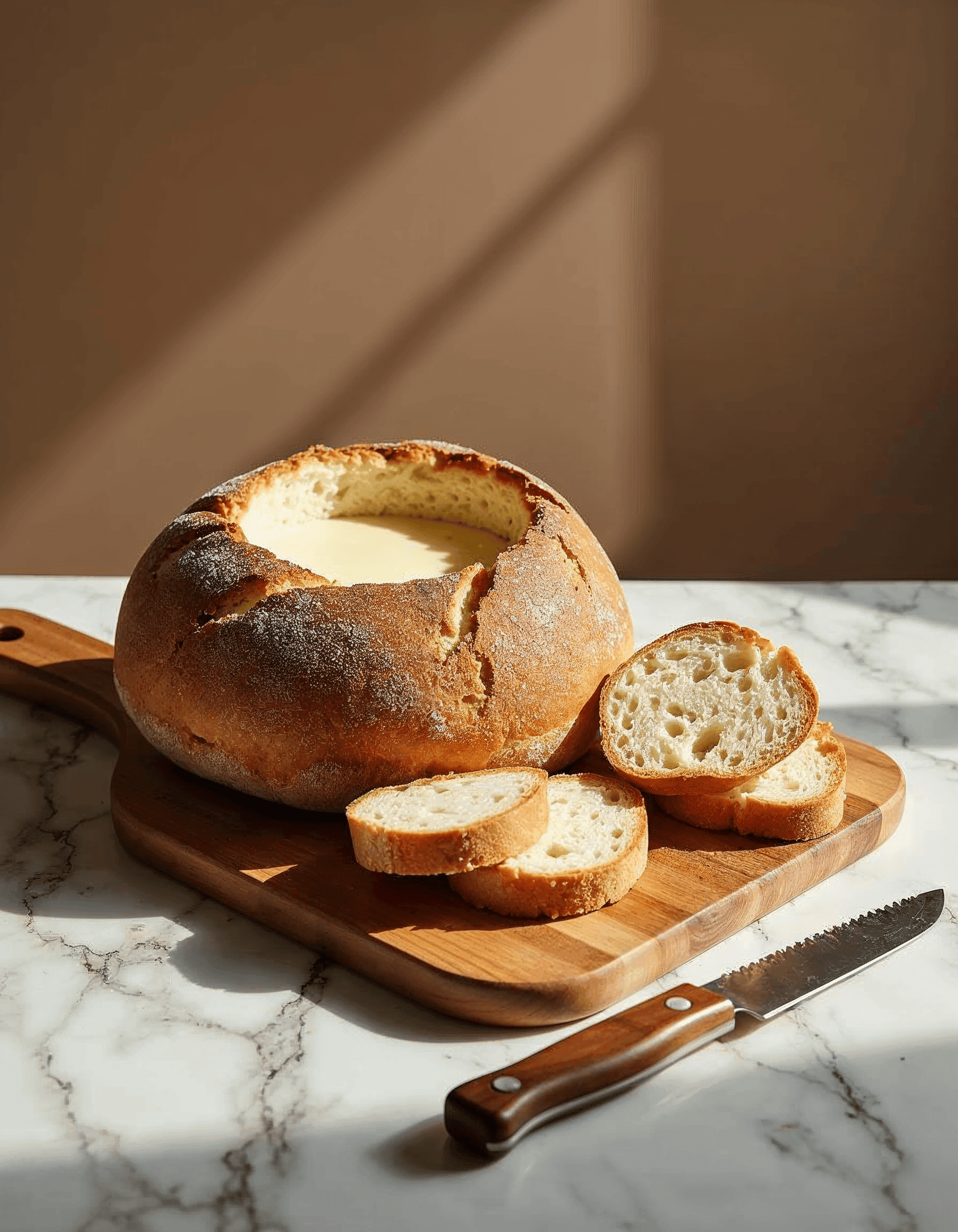 A hollowed-out sourdough bread bowl on a wooden cutting board with sliced pieces of bread next to it, resting on a marble countertop with a serrated knife.