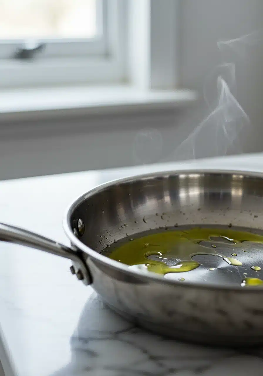 Heating Olive Oil in a Stainless Steel Pan Stainless steel pan with olive oil heating on a modern kitchen countertop.