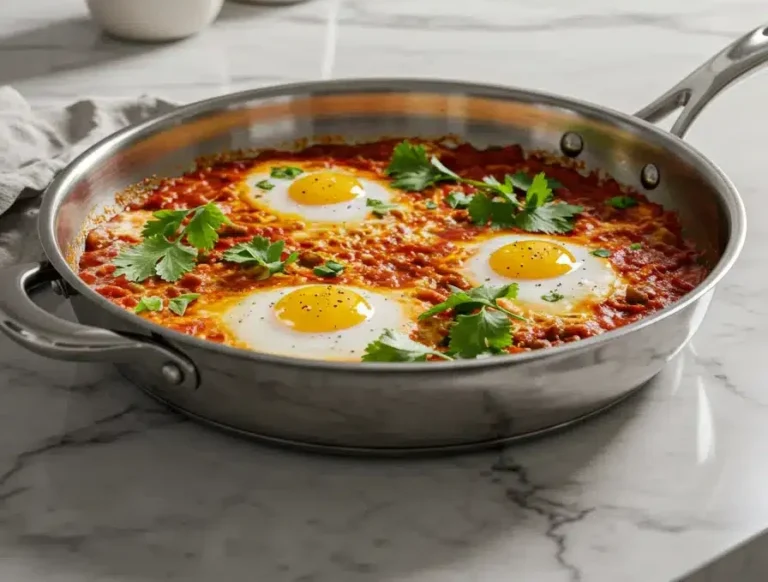 Beautifully presented shakshuka dish on a marble kitchen counter.