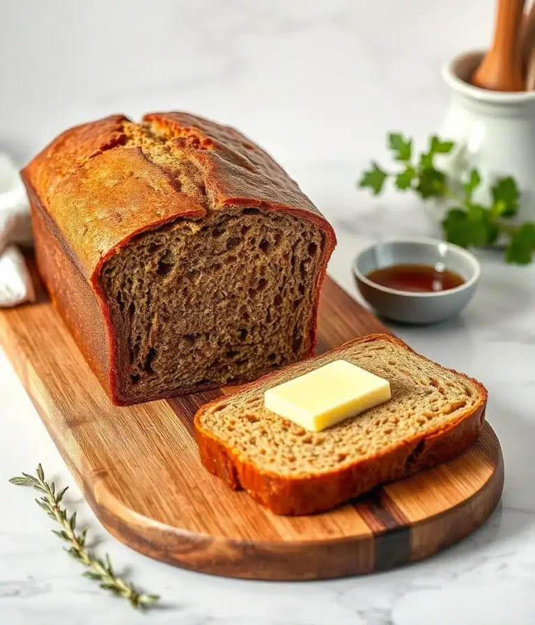 sweet molasses bread loaf on a white marble counter.