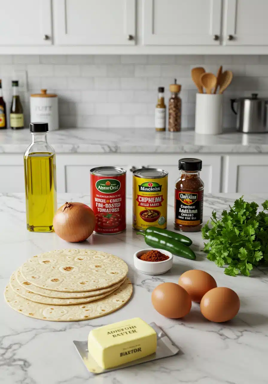 Ingredients for Huevos Rancheros arranged on a bright marble kitchen counter: olive oil, onions, tomatoes, chiles, spices, tortillas, butter, eggs, and cilantro.