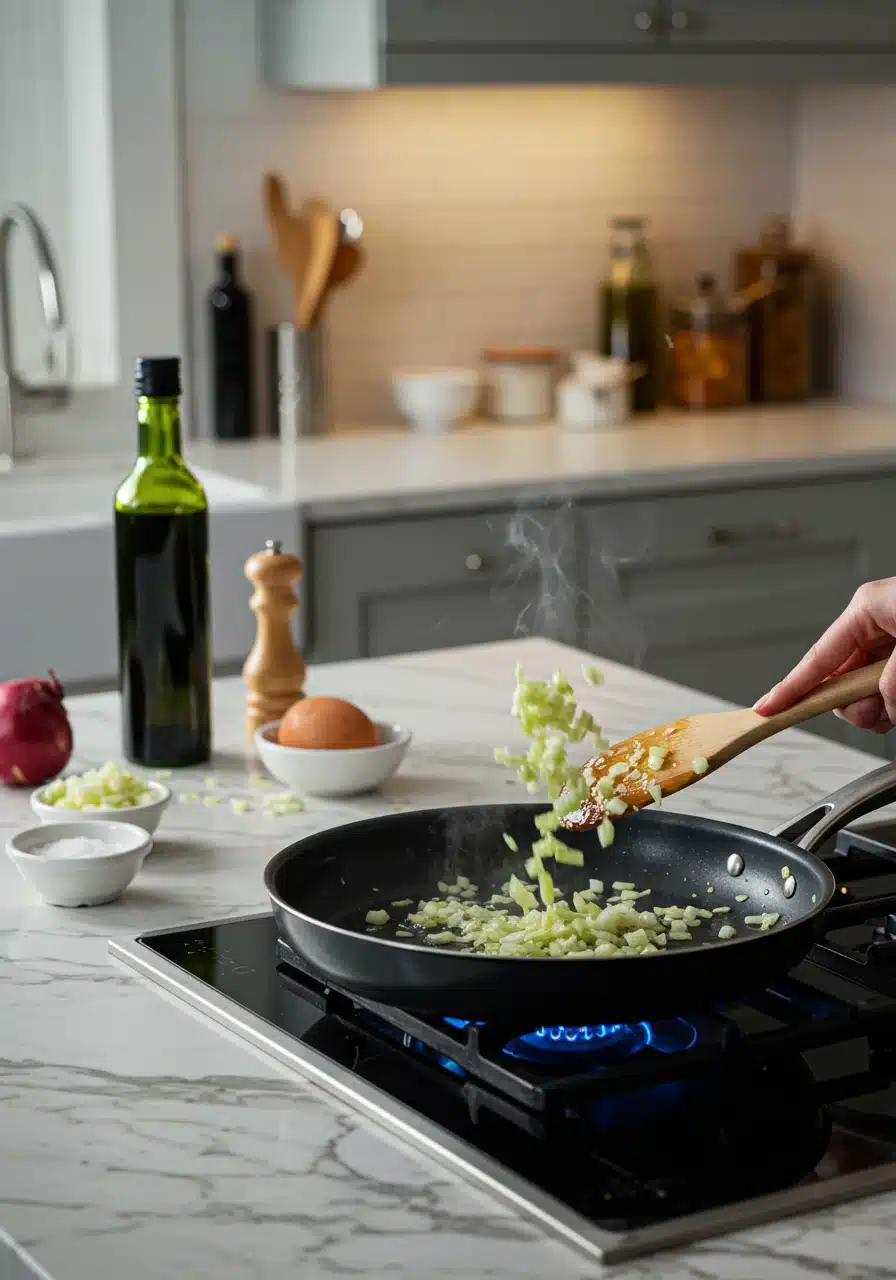 Olive oil heating in a skillet with chopped onions being sautéed on a white marble kitchen counter.