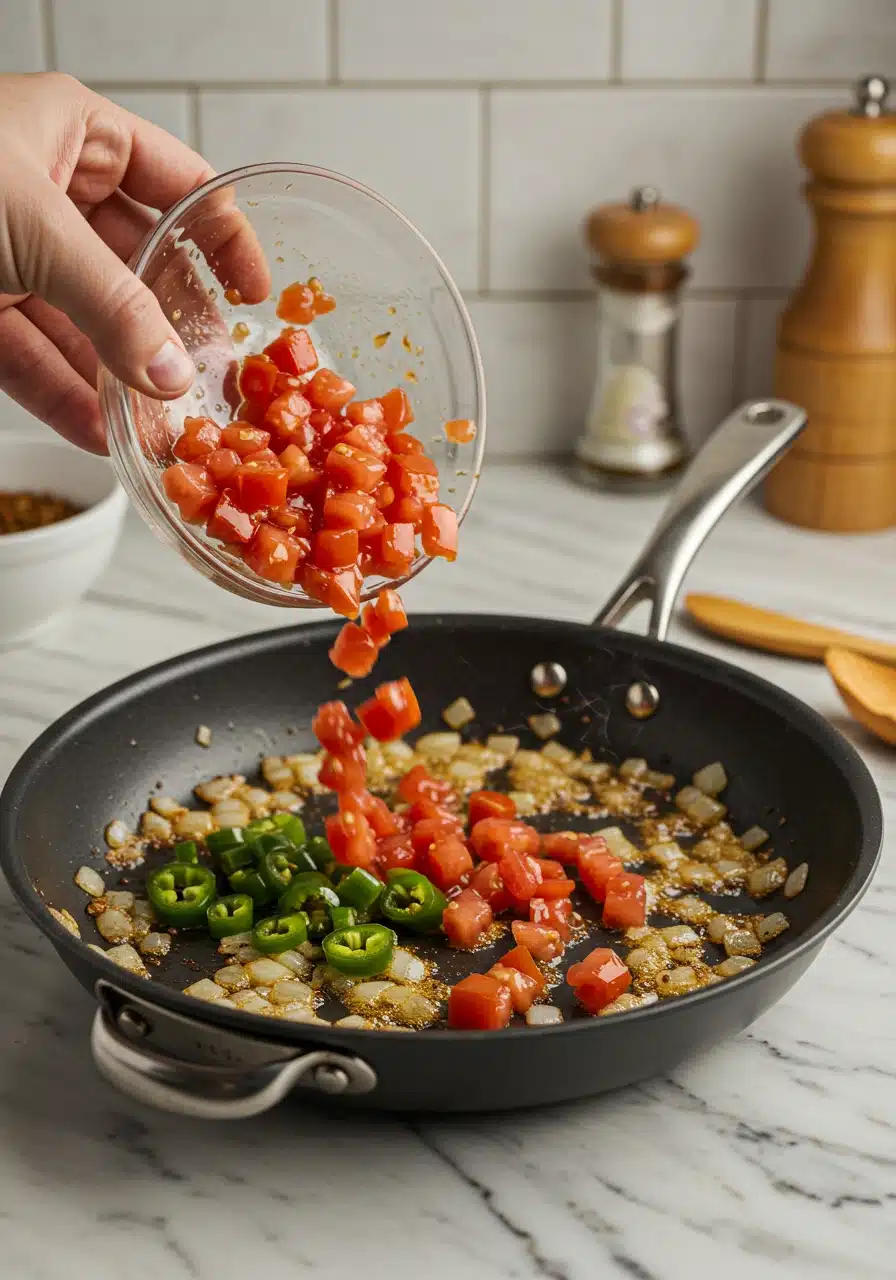 Fire-roasted tomatoes and diced Anaheim chiles added to a skillet on a white marble kitchen counter.