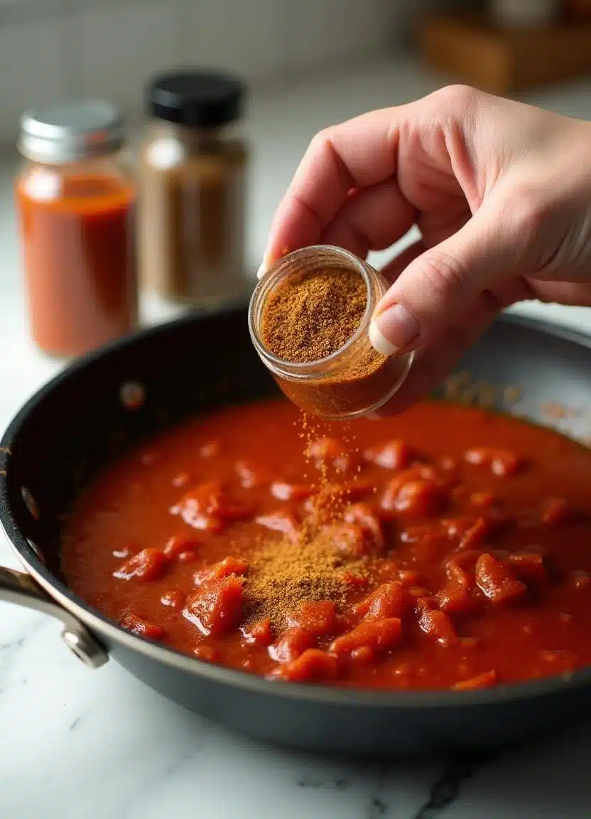 Spices such as chipotle chili powder, adobo sauce, and ground cumin added to simmering salsa in a skillet.