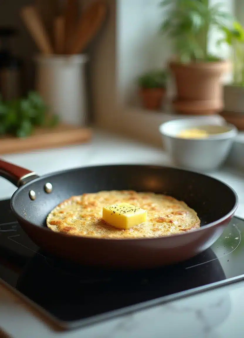 Corn tortillas frying in melted butter on a white marble kitchen counter.