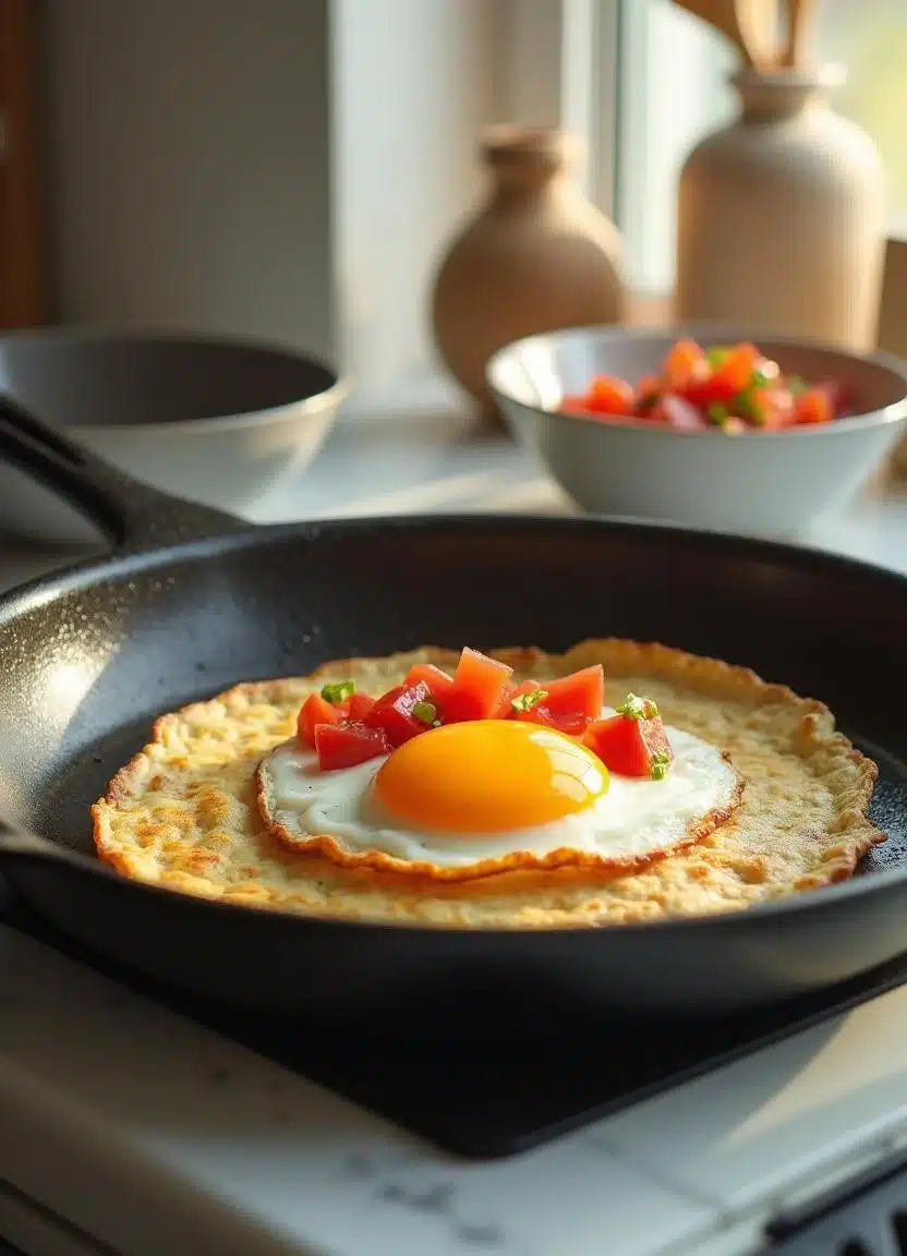 Sunny-side-up eggs fried in a pan, placed on crispy tortillas and topped with salsa for Huevos Rancheros.