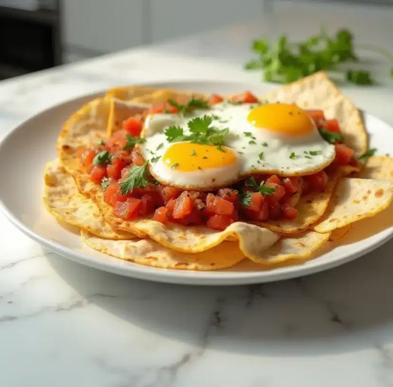 A beautifully plated Huevos Rancheros dish with crispy tortillas, sunny-side-up eggs, fresh salsa, and cilantro garnish.