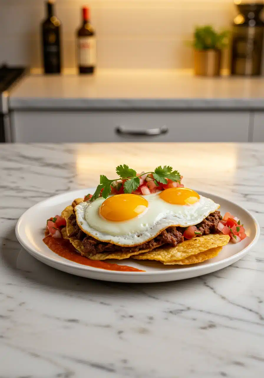 A plated Huevos Rancheros dish with crispy tortillas, sunny-side-up eggs, fresh salsa, and cilantro garnish.