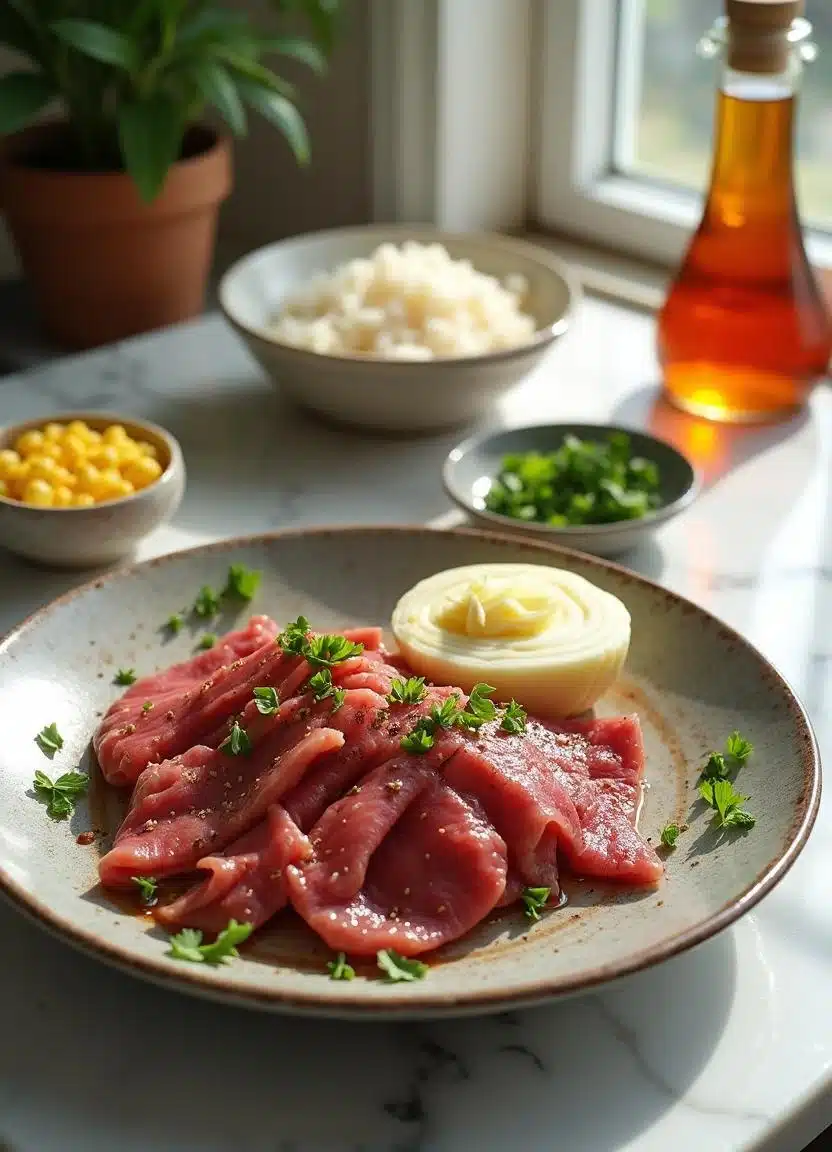 Ingredients for Beef Pepper Rice: shabu beef, yellow onion, garlic, corn, day-old rice, butter, green onion, soy sauce, oyster sauce, honey, sesame oil, and black pepper on a white marble counter.