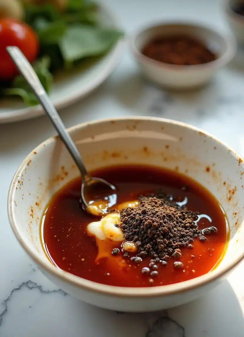 Mixing Black Pepper Sauce ingredients: soy sauce, oyster sauce, honey, sesame oil, black pepper, and garlic in a bowl on a white marble counter.