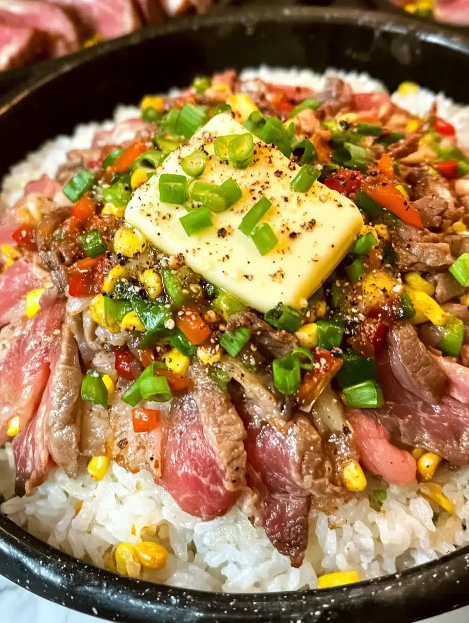 A bowl of delish Beef Pepper Rice garnished with fresh herbs