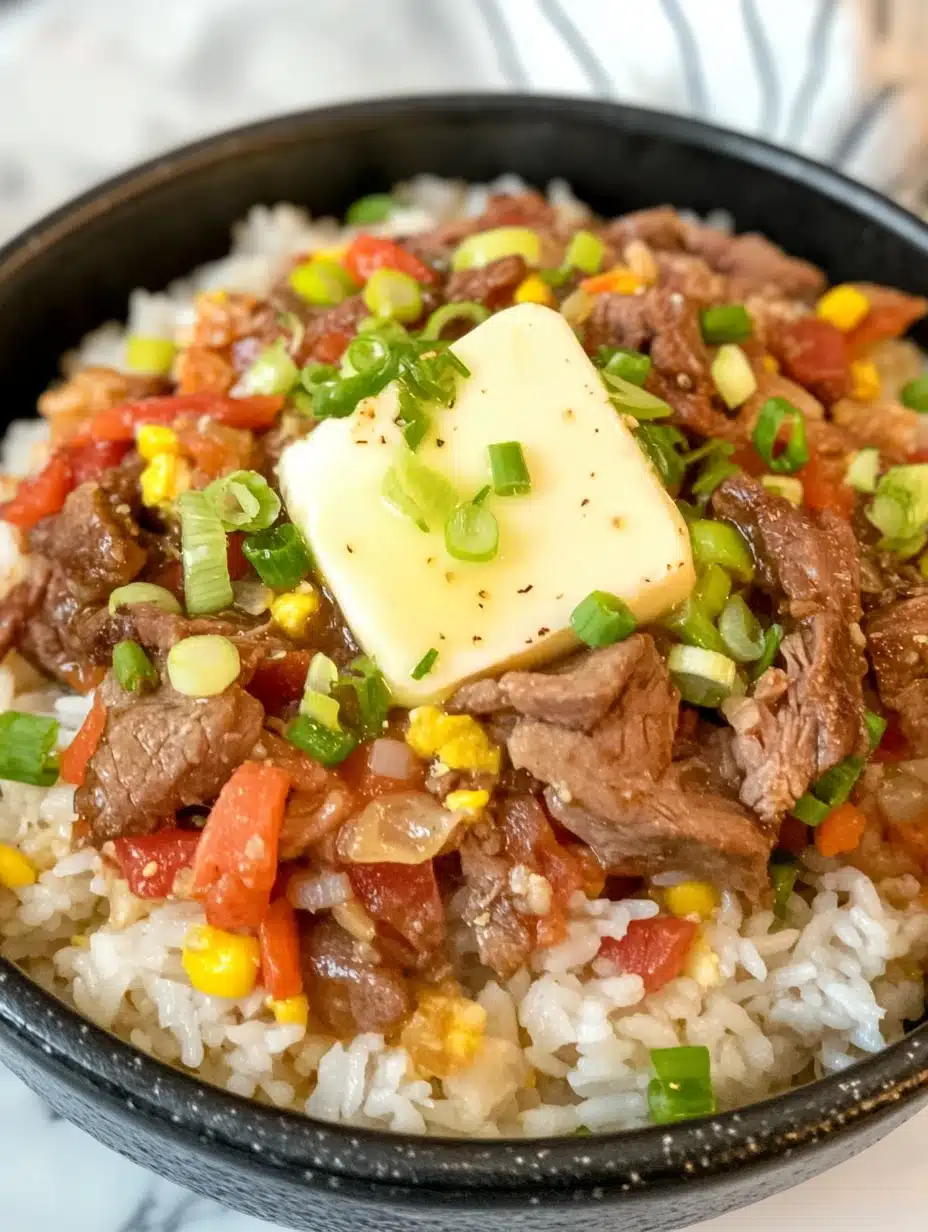 A bowl of Beef Pepper Rice garnished with fresh herbs.