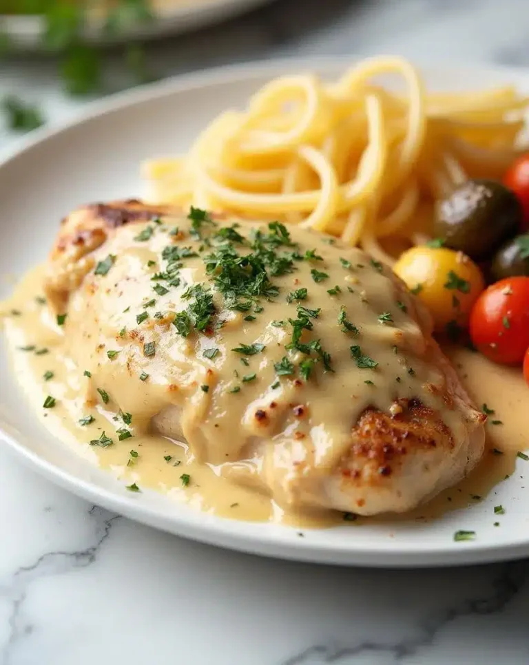 Creamy garlic Parmesan chicken plated with pasta and garnished with fresh parsley and Parmesan shavings