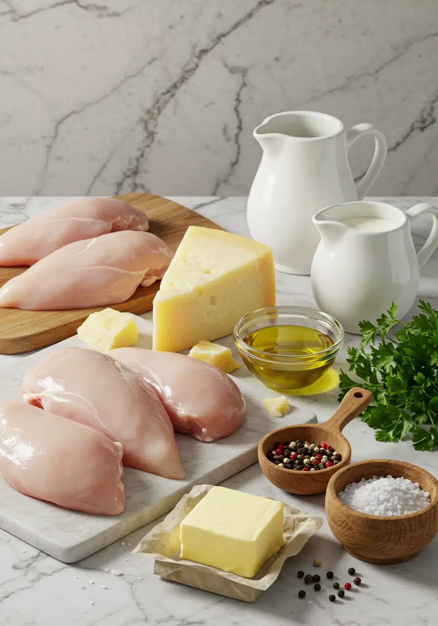 Fresh ingredients for creamy garlic Parmesan chicken on a marble kitchen counter, including chicken breasts, Parmesan cheese, garlic, and herbs