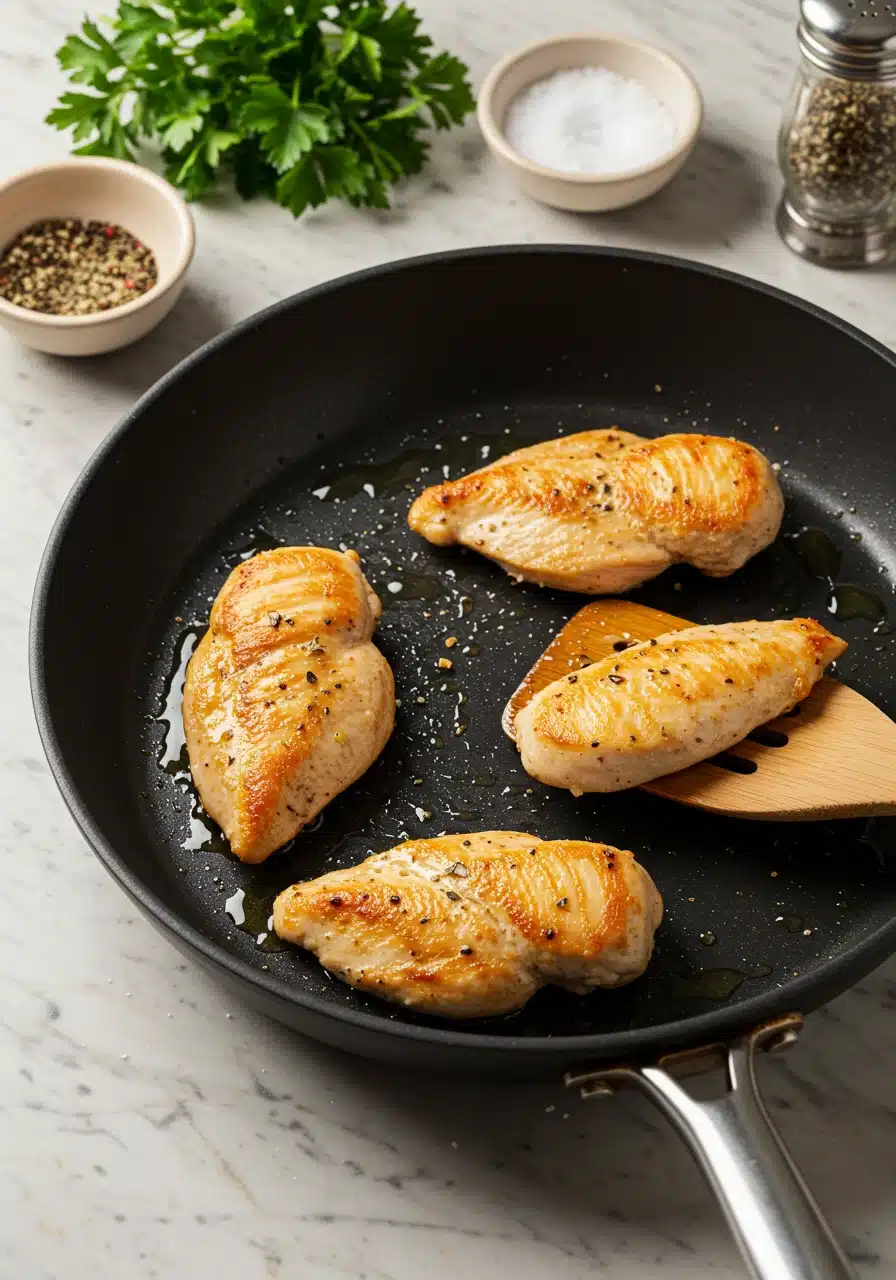 Golden-brown chicken breasts searing in a non-stick pan with olive oil on a white marble counter.