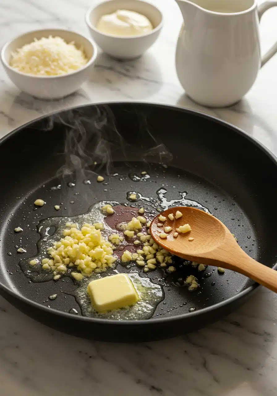 Butter melting in a pan with minced garlic being sautéed to release a rich aroma