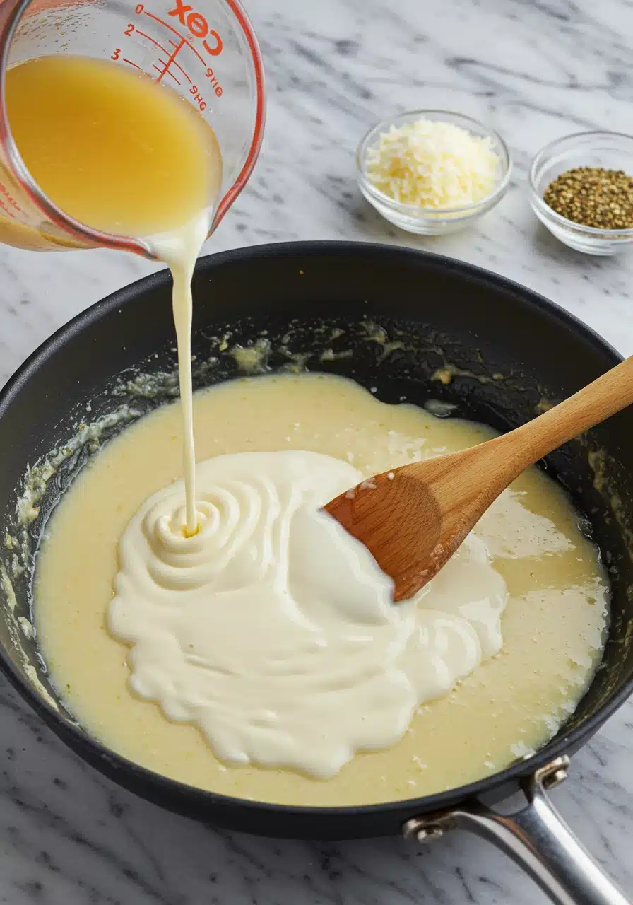 Heavy cream and chicken broth being poured into a pan, forming a velvety sauce for creamy garlic Parmesan chicken.