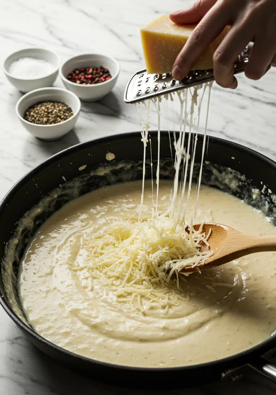 Parmesan cheese being stirred into a creamy sauce, creating a rich and velvety texture.