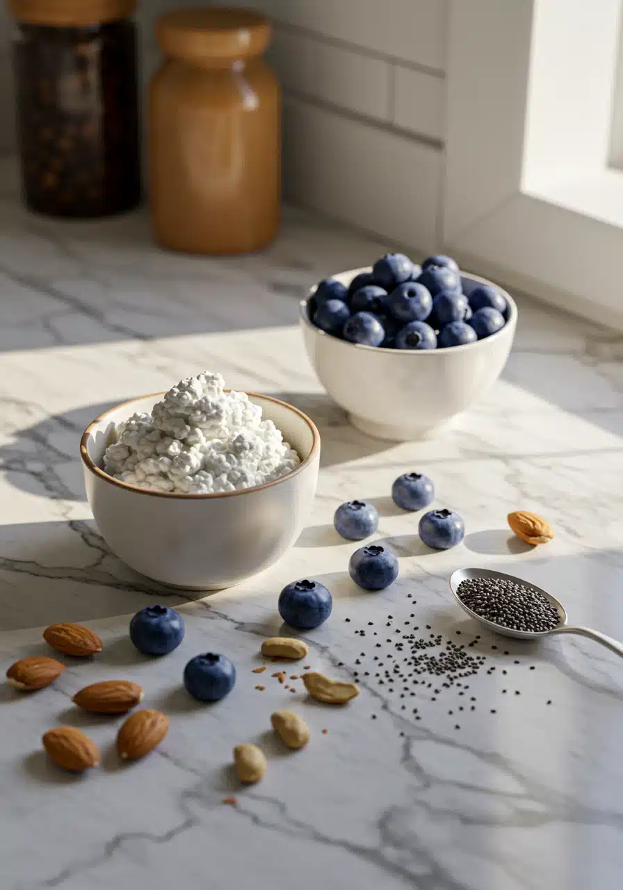 Fresh cottage cheese with blueberries, chia seeds, and walnuts on a white marble kitchen counter.