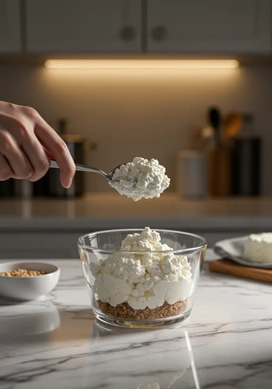 Scooping cottage cheese into a glass bowl for a protein parfait.