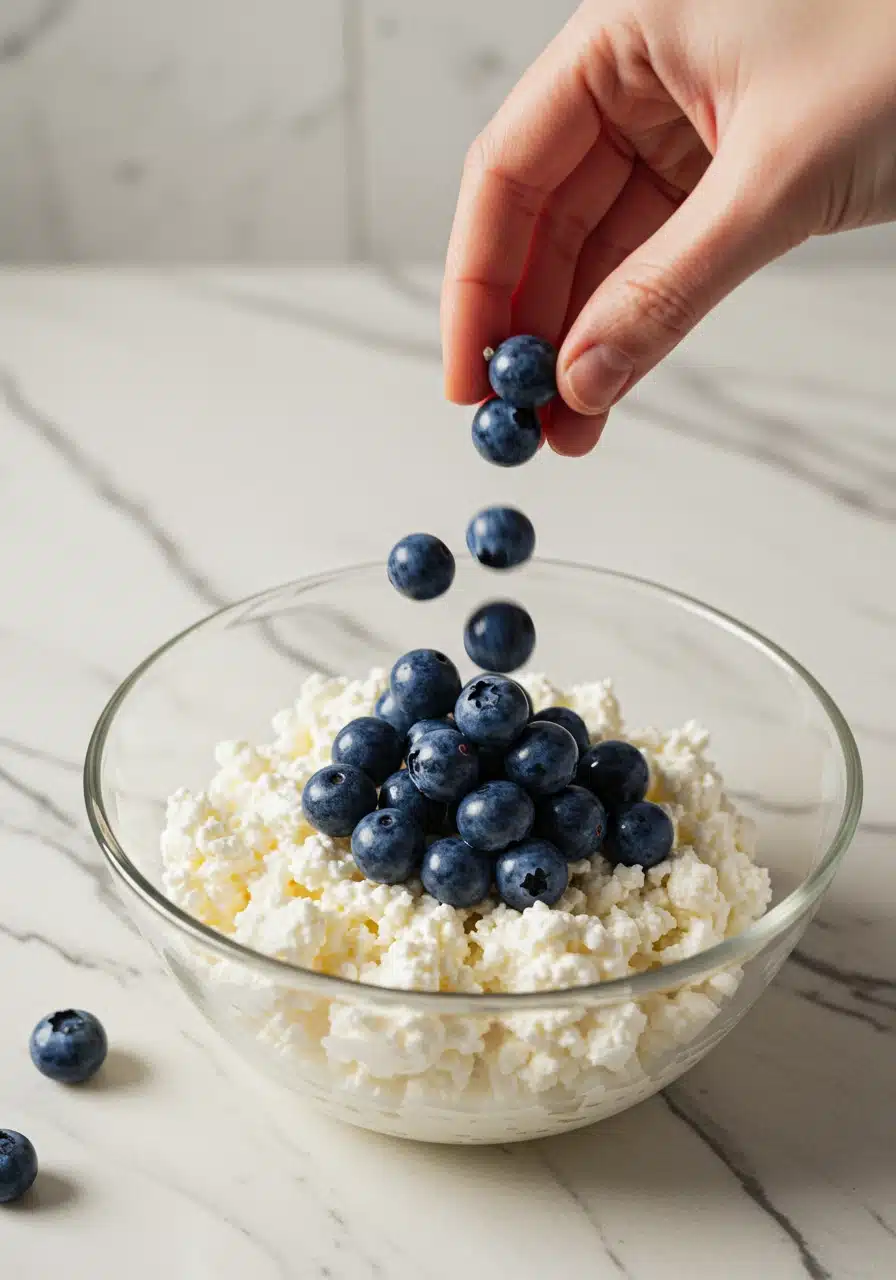 Adding fresh blueberries to cottage cheese for a parfait