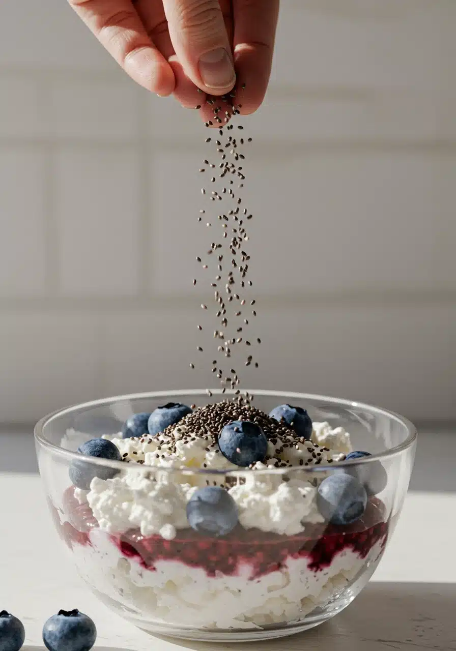 Sprinkling chia seeds over blueberries and cottage cheese.