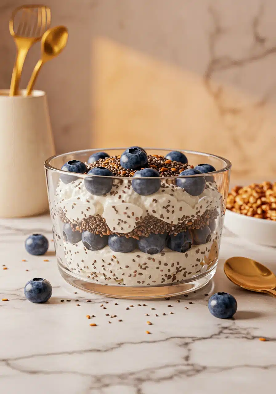 Layered cottage cheese, blueberries, and chia seeds in a bowl.