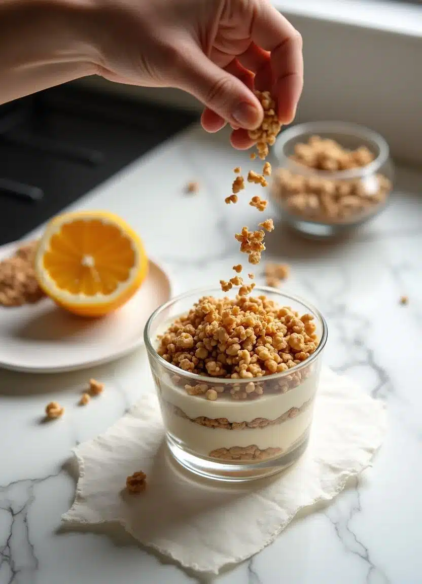 Adding walnuts to a cottage cheese and blueberry parfait