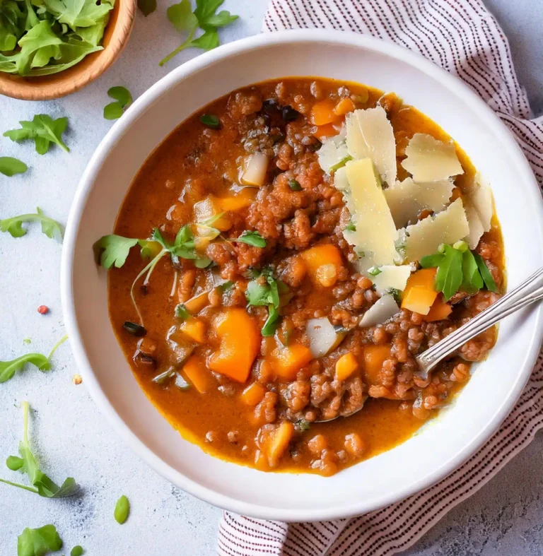 Bowl of lentil soup with cheese and fresh herbs.