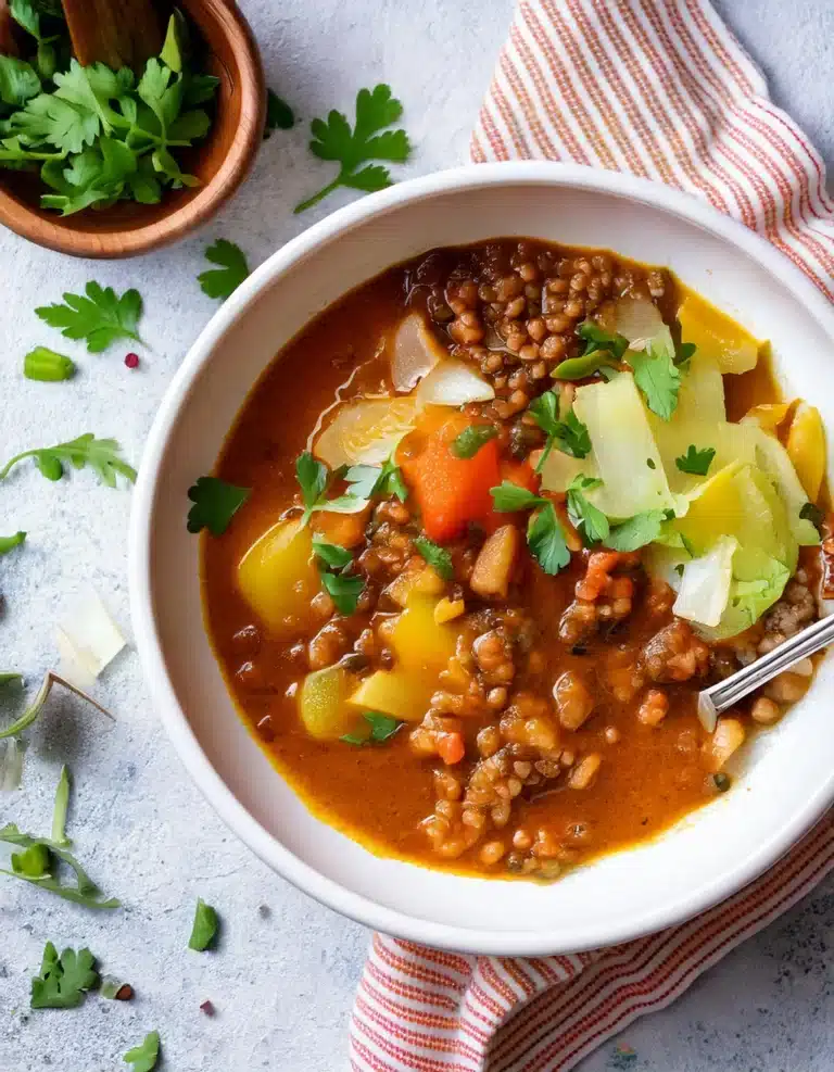 Lentil soup with potatoes and fresh herbs.