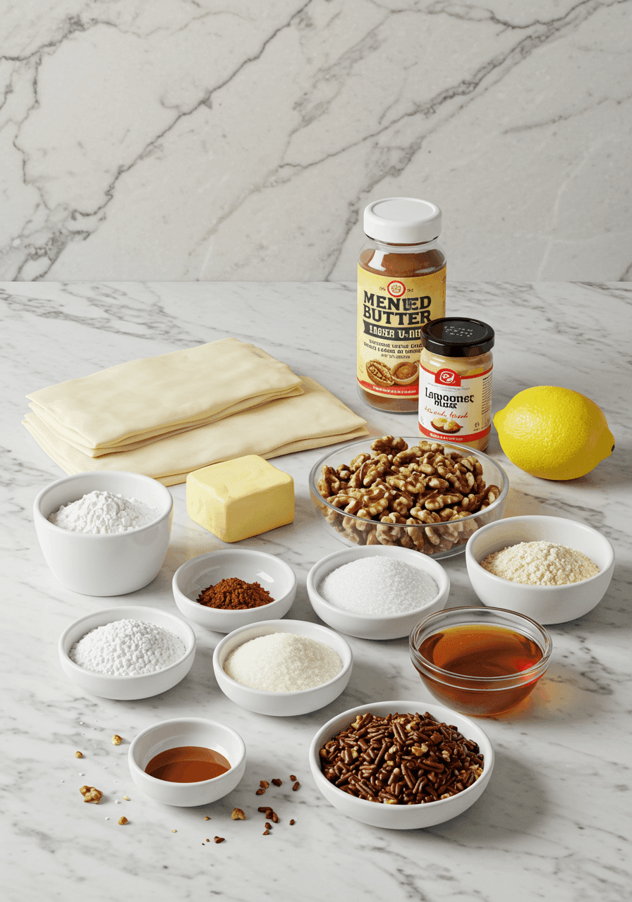 Ingredients for Easy Baklava Recipe on white marble kitchen counter.